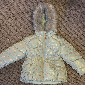 Kids Puffer Jacket with Faux Fur Hood - Mint Green/Gold